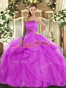 Floor Length Lace Up Ball Gown Prom Dress Fuchsia for Military Ball and Sweet 16 and Quinceanera with Ruffles