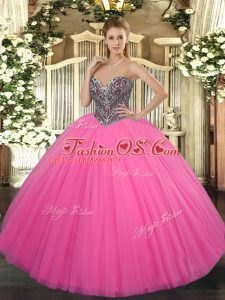 Smart Hot Pink Ball Gowns Sweetheart Sleeveless Tulle Floor Length Lace Up Beading Quinceanera Dresses