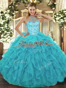 Aqua Blue Sleeveless Beading and Embroidery and Ruffles Floor Length 15 Quinceanera Dress