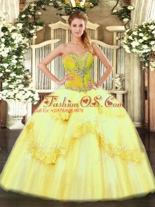 Dazzling Tulle Sweetheart Sleeveless Lace Up Beading and Ruffles 15th Birthday Dress in Yellow