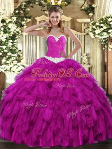 High Quality Fuchsia Lace Up Quinceanera Gown Appliques and Ruffles Sleeveless Floor Length