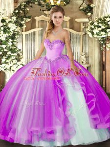 Lilac Lace Up Sweetheart Beading and Ruffles 15th Birthday Dress Tulle Sleeveless