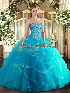 Aqua Blue Tulle and Printed Lace Up Sweet 16 Quinceanera Dress Sleeveless Floor Length Embroidery and Ruffles