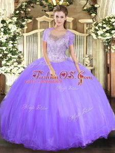 Exquisite Scoop Sleeveless Quinceanera Dress Floor Length Beading Lavender Tulle
