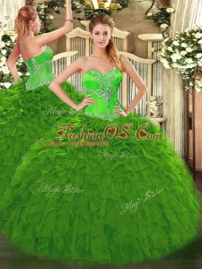 Green Organza Lace Up Sweetheart Sleeveless Floor Length Sweet 16 Quinceanera Dress Beading and Ruffles