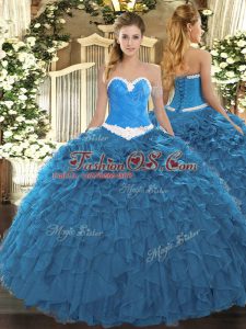 Sleeveless Floor Length Appliques and Ruffles Lace Up Quince Ball Gowns with Blue