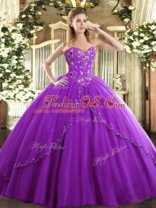 Eggplant Purple Lace Up Sweet 16 Dresses Appliques and Embroidery Sleeveless Brush Train