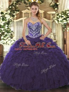 Delicate Purple Lace Up Sweetheart Beading and Ruffled Layers Quinceanera Dress Tulle Sleeveless