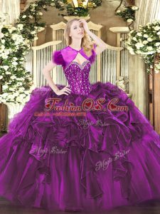 Romantic Purple Ball Gowns Beading and Ruffles Quinceanera Dress Lace Up Organza Sleeveless Floor Length