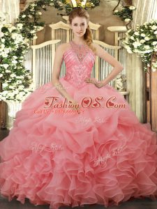 Simple Watermelon Red Sleeveless Floor Length Beading and Ruffles and Pick Ups Lace Up Quinceanera Dress