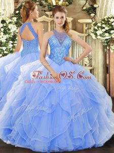 Great Sleeveless Organza Floor Length Lace Up Sweet 16 Dress in Light Blue with Beading and Ruffles