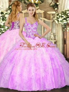 Designer Lilac Sleeveless Floor Length Beading and Ruffles Lace Up Quinceanera Gown