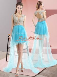 Scoop Sleeveless Tulle Party Dresses Beading Sweep Train Lace Up