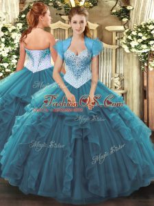 Top Selling Floor Length Lace Up 15 Quinceanera Dress Teal for Military Ball and Sweet 16 and Quinceanera with Beading and Ruffles