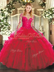 Red Quinceanera Gowns Military Ball and Sweet 16 and Quinceanera with Lace and Ruffles Scoop Long Sleeves Lace Up
