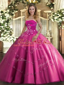 Beauteous Strapless Sleeveless Sweet 16 Dresses Floor Length Beading and Appliques Hot Pink Tulle