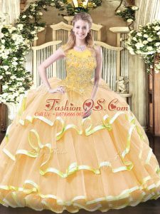 Luxurious Floor Length Zipper Sweet 16 Quinceanera Dress Gold for Military Ball and Sweet 16 and Quinceanera with Beading and Ruffled Layers