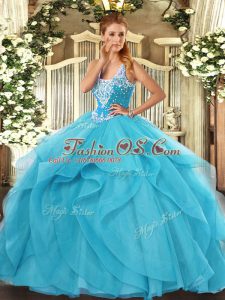 Straps Sleeveless Tulle Vestidos de Quinceanera Beading and Ruffles Lace Up