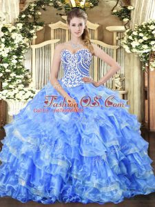 Beautiful Blue Ball Gowns Organza Sweetheart Sleeveless Beading and Ruffled Layers Floor Length Lace Up Vestidos de Quinceanera