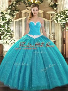Artistic Teal Tulle Lace Up Vestidos de Quinceanera Sleeveless Floor Length Appliques