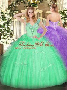 Decent V-neck Sleeveless Lace Up Quinceanera Dresses Apple Green Tulle