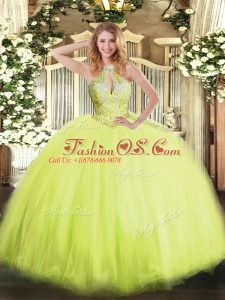 Most Popular Yellow Green Halter Top Lace Up Beading Sweet 16 Dress Sleeveless