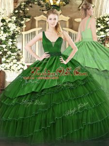 Dark Green Sleeveless Organza and Taffeta Zipper 15 Quinceanera Dress for Military Ball and Sweet 16 and Quinceanera