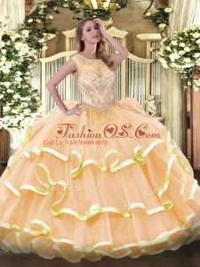 Classical Sleeveless Organza Floor Length Zipper Ball Gown Prom Dress in Peach with Beading and Ruffled Layers