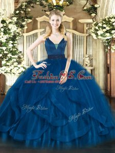 Ball Gowns Quinceanera Dress Royal Blue Straps Tulle Sleeveless Floor Length Zipper