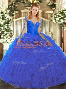 Floor Length Lace Up Sweet 16 Dresses Blue for Military Ball and Sweet 16 and Quinceanera with Lace and Ruffles