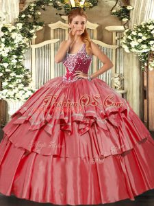 Fantastic Floor Length Coral Red Quinceanera Dress Straps Sleeveless Lace Up