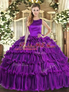 New Arrival Floor Length Lace Up Quinceanera Gown Eggplant Purple for Military Ball and Sweet 16 and Quinceanera with Ruffled Layers