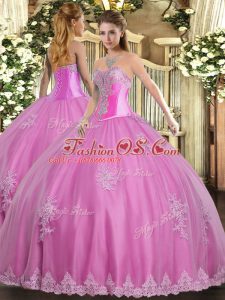 Glittering Floor Length Rose Pink Sweet 16 Dress Sweetheart Sleeveless Lace Up
