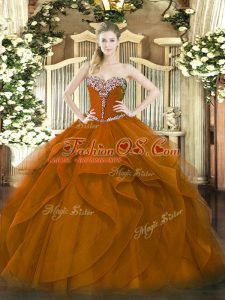 Noble Sleeveless Tulle Floor Length Lace Up Ball Gown Prom Dress in Brown with Beading and Ruffles