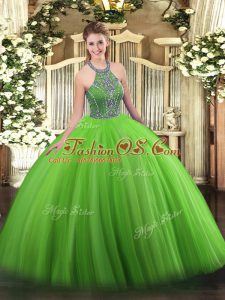Green Sleeveless Floor Length Beading Lace Up Quinceanera Gown