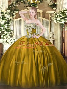 Sleeveless Floor Length Beading Lace Up Quince Ball Gowns with Brown