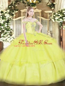 Comfortable Ball Gowns Quinceanera Gowns Yellow Off The Shoulder Organza Sleeveless Floor Length Lace Up