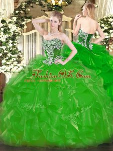 Green Lace Up Strapless Beading and Ruffles Vestidos de Quinceanera Organza Sleeveless