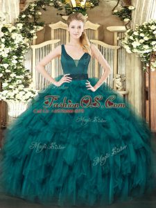 Edgy Teal Quinceanera Dresses Military Ball and Sweet 16 and Quinceanera with Beading and Ruffles Straps Sleeveless Zipper
