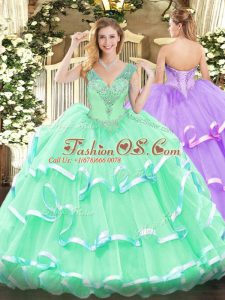 High Class Apple Green V-neck Neckline Beading Quinceanera Gowns Sleeveless Lace Up