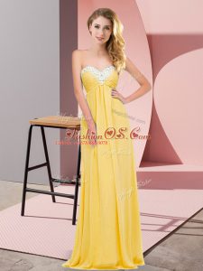 Exquisite Sleeveless Chiffon Floor Length Lace Up Evening Dress in Gold with Ruching