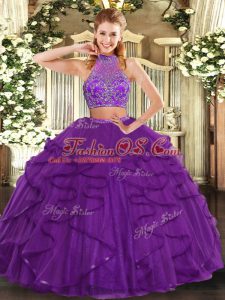 Purple Quinceanera Gowns Military Ball and Sweet 16 and Quinceanera with Beading and Ruffled Layers Halter Top Sleeveless Criss Cross