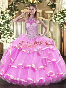 Pretty Rose Pink Lace Up Sweet 16 Dresses Beading and Ruffled Layers Sleeveless Floor Length