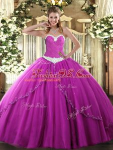 Exquisite Tulle Sweetheart Sleeveless Brush Train Lace Up Appliques Sweet 16 Dresses in Fuchsia