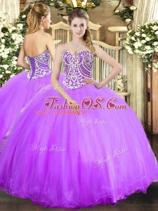 Cheap Lavender Ball Gowns Tulle Sweetheart Sleeveless Beading Floor Length Lace Up Quinceanera Gowns