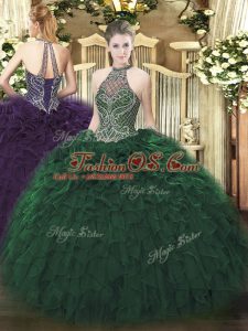 Dazzling Dark Green Taffeta Lace Up Quince Ball Gowns Sleeveless Floor Length Beading and Ruffles