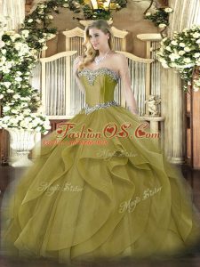 Floor Length Lace Up Quinceanera Dresses Olive Green for Military Ball and Sweet 16 and Quinceanera with Beading and Ruffles
