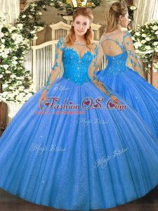 Ball Gowns Sweet 16 Quinceanera Dress Baby Blue Scoop Tulle Long Sleeves Floor Length Lace Up