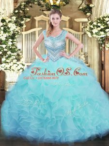 Delicate Organza Scoop Sleeveless Lace Up Beading and Ruffles and Pick Ups Quinceanera Dress in Aqua Blue