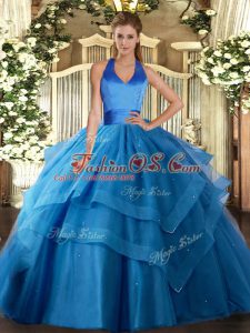 Best Floor Length Lace Up Quinceanera Gown Blue for Military Ball and Sweet 16 and Quinceanera with Ruffled Layers